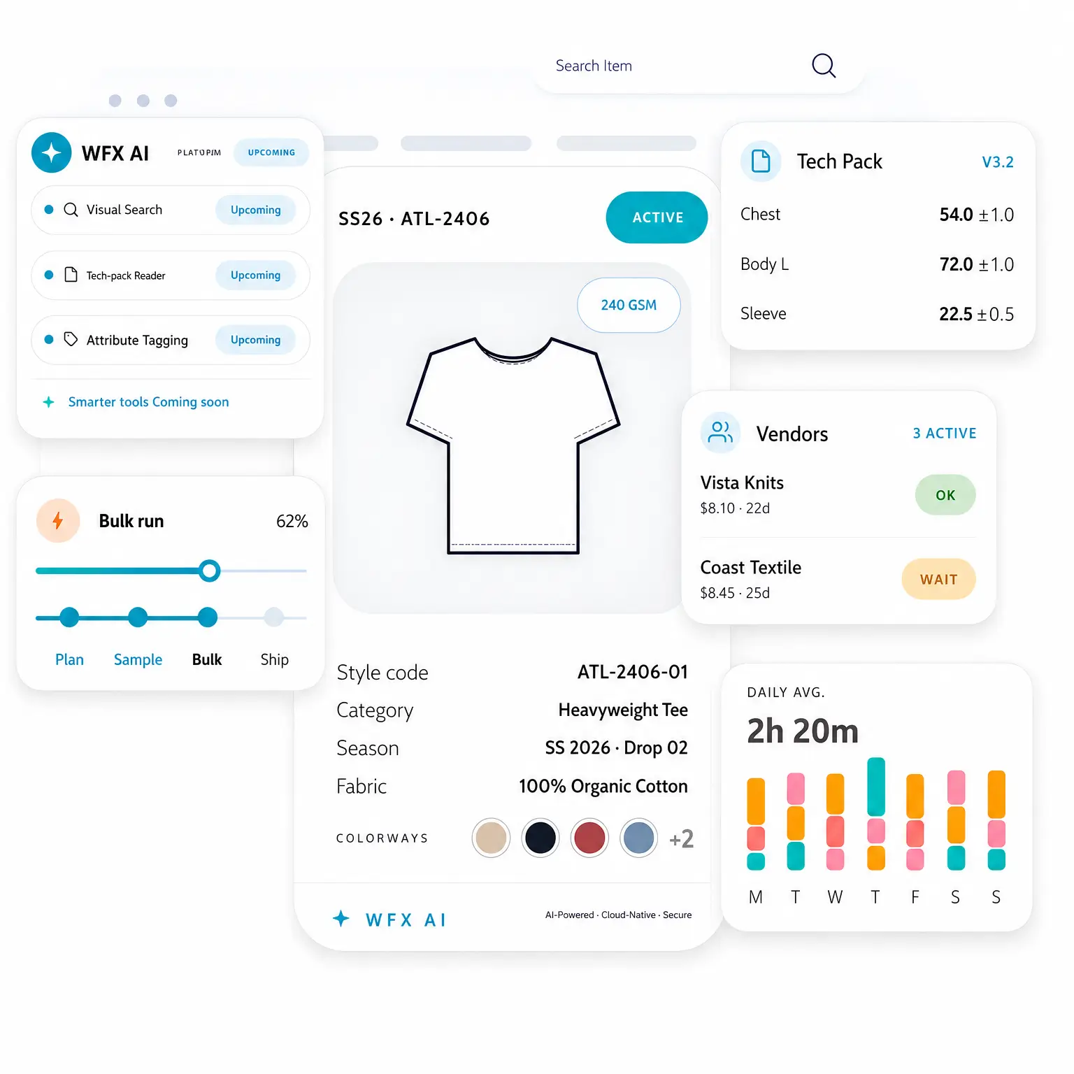 One Fashion PLM. Every Style. Every Season.WFX fashion PLM software on mobile with tech pack measurements, vendor quotes, AI features, and production progress 